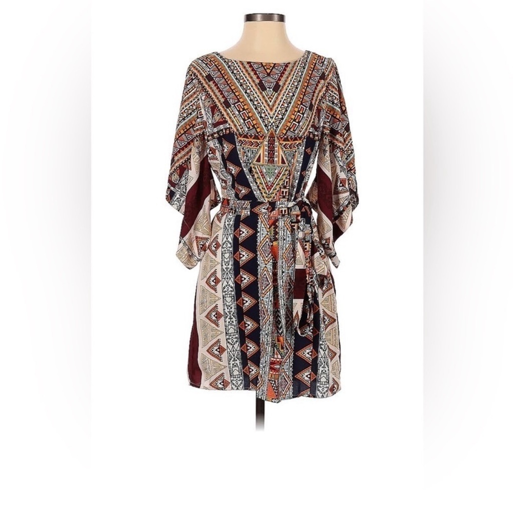 Boho Tribal Print Mini Dress Festival Kimono Sleeve Tie Waist Small - Picture 3 of 11
